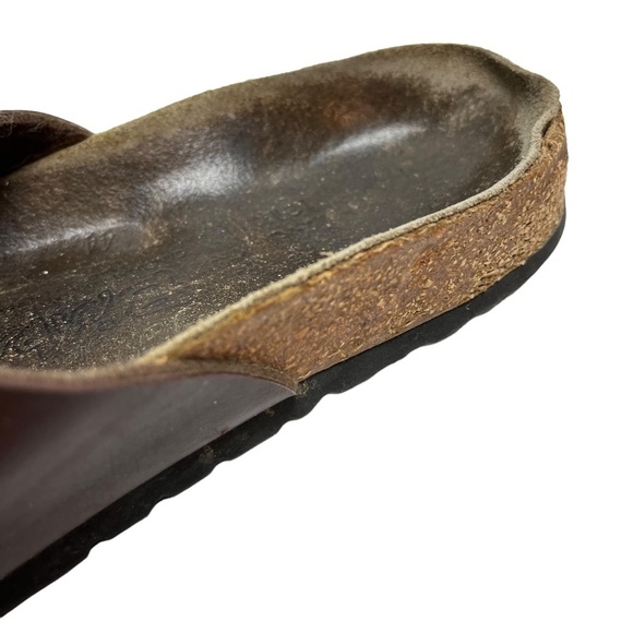 BIRKENSTOCK BIRKI'S Brown Genuine Leather Criss Cross Slides Sandals Shoes sz 6 - Picture 10 of 16